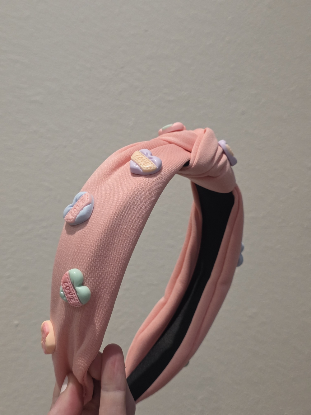 Pink Knot Headband with Pastel Candy Heart Beads
